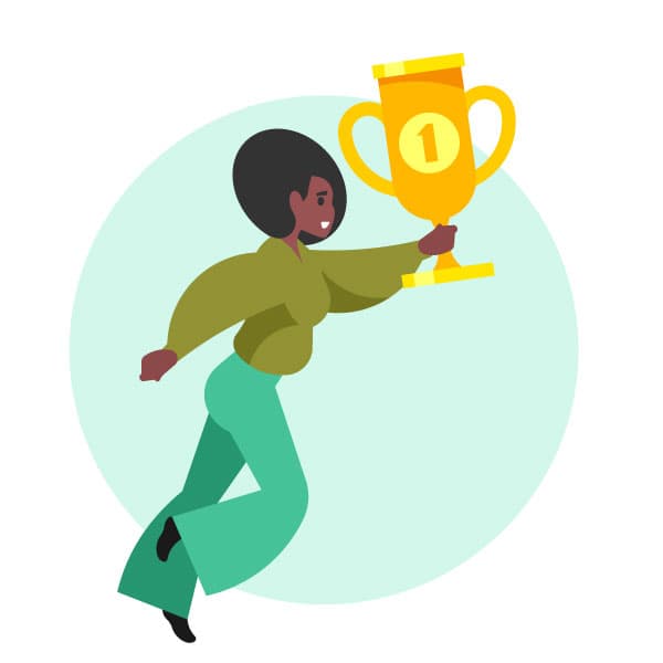 Woman running with a trophy