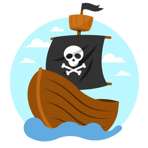 Navio de pirata de madeira com uma bandeira